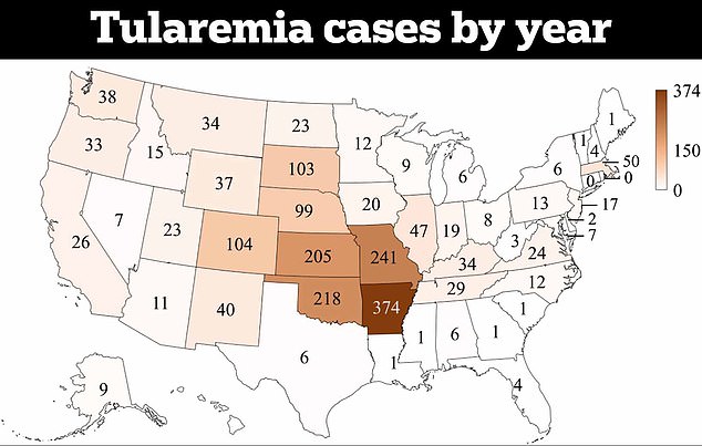 The above map shows cases of tularemia recorded in every US state from the years 2011 to 2019