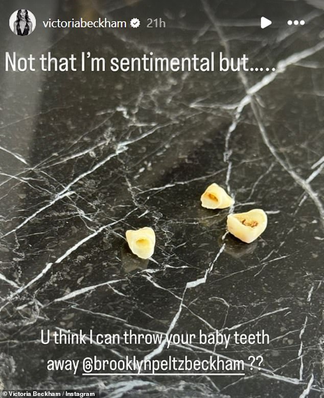 The Spice Girl and fashion designer, 50, took to Instagram on Sunday to share a photo of the 25-year-old's baby teeth while joking about her 'sentimental' nature