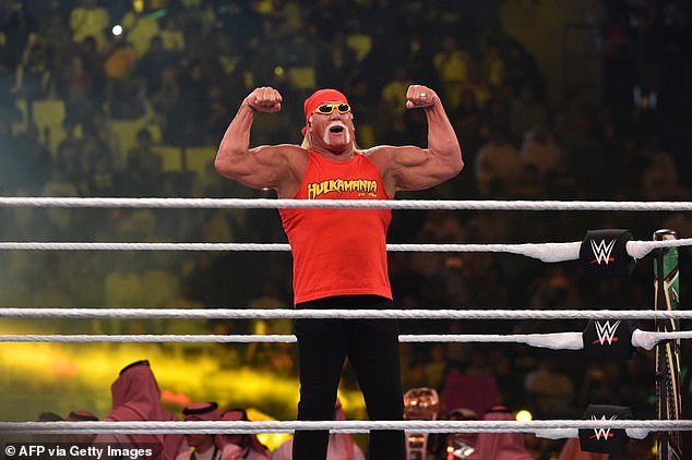 The offer comes six years after the Hulkster floated the idea of ​​a Senate run in his home state of Florida – an idea he ultimately abandoned.  He is pictured pumping up the crowd at the WWE Crown Jewel pay-per-view in Riyadh around that time