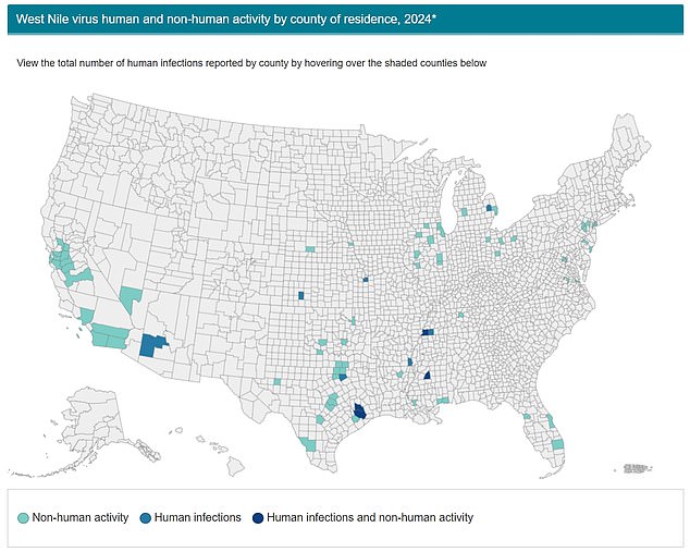 The map above shows the areas where West Nile virus has been detected in mosquitoes (light blue) or in humans (dark blue) so far this year.  The season normally starts in late July for much of the country, but officials are concerned about this year's early start