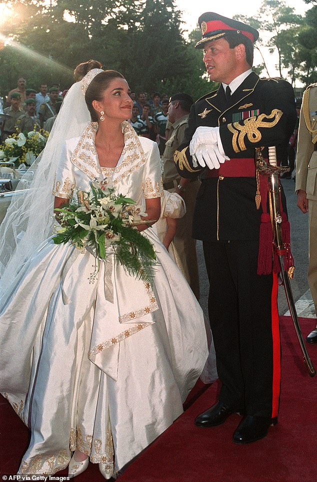 She paid tribute to her humble beginnings by forgoing a tiara on her wedding day.  Nevertheless, Rania Al-Yassin – now Queen of Jordan – charmed guests with her captivating presence when she married Prince Abdullah 31 years ago today.