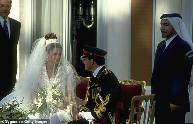 The couple first met at a dinner in 1992 and became engaged six months later, exchanging vows in a grand ceremony at the Zahran Palace in Amman, Jordan on June 10, 1993.  Above: Rania and Prince Abdullah on their wedding day