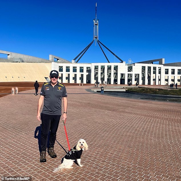 In one photo, 'Australia's First Dog' sits patiently in front of the camera next to her owner, with the buildings of Parliament House and the famous 81-metre flagpole in the background