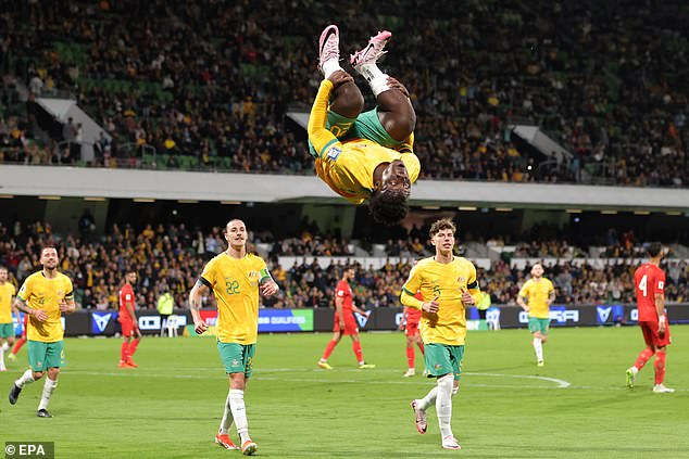 Australia maintained its perfect World Cup qualifying record with a 5-0 win on Tuesday (photo: Nestory Irankunda celebrates his goal)