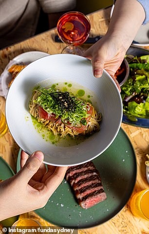 Dry noodle with tuna mushroom and cucumber.