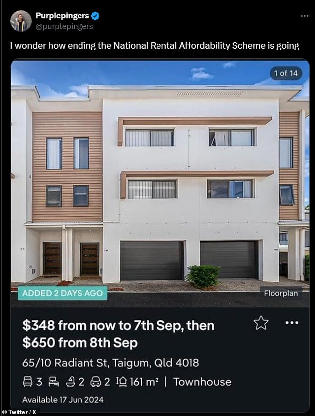 A townhouse in Taigum was on the market for $348 a week, but rents will rise by 86 per cent on September 8, when the property will no longer qualify for NRAS benefits