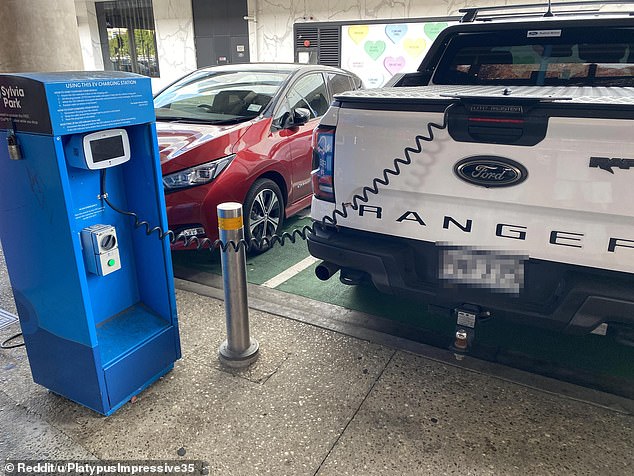 The Ford Ranger took up a parking space (pictured) in front of the charging station at the Sylvia Parks Shopping Center in Mount Wellington in south-east Auckland last month