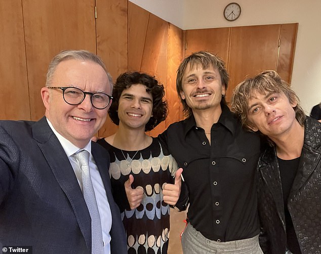 A selfie of a smiling Anthony Albanese with Australian musicians Budjerah (left) and duo Lime Cordiale (right and second right) sparked an epic internet meltdown on Wednesday evening
