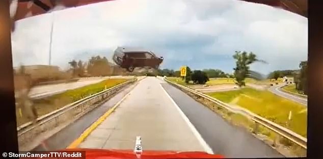 A Reddit user was driving a vehicle on a Michigan highway when they captured footage of another car going airborne