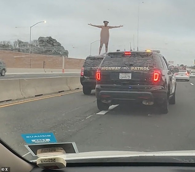 A woman was filmed naked and standing on the roof of a car during a police chase on a busy California highway