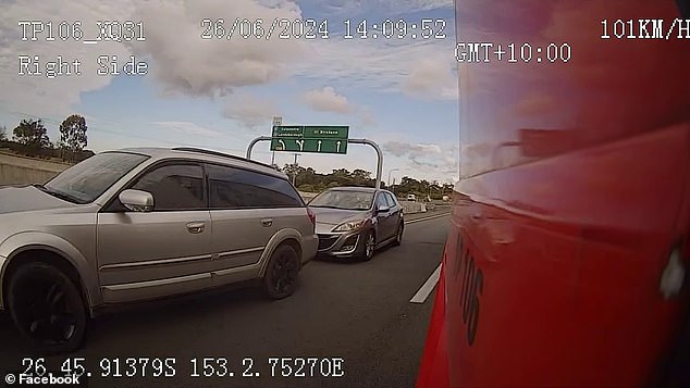 The incident, between a silver Subaru Outback wagon and a silver Mazda 3 hatchback, was captured on Wednesday by the dashcam of a nearby trucking company vehicle.