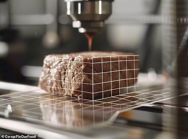 We may even see the introduction of 3D printed food by 2054.  Pictured: a 3D printed steak, as imagined by AI