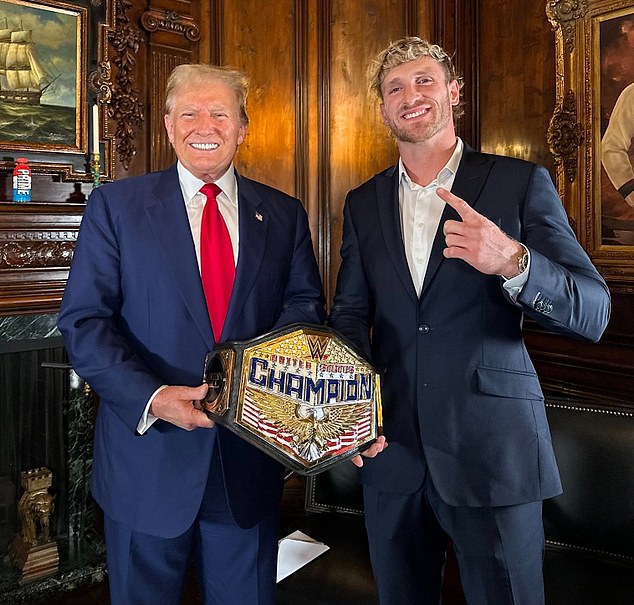 Logan Paul poses with former President Donald Trump to tease his latest podcast episode