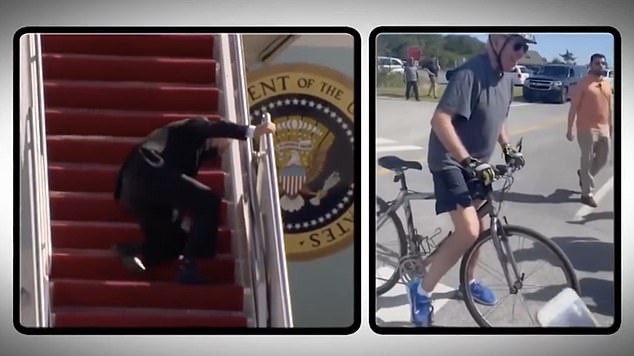 The film reel showed Biden climbing the stairs and falling off his bicycle