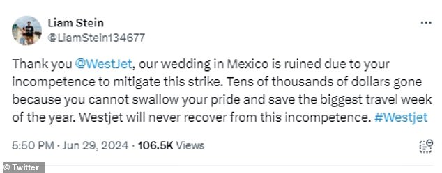 Liam Stein also claimed his wedding in Mexico was ruined due to flight cancellations