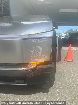 A Cybertruck owner in California posted photos of the damage to his car after a brake problem caused it to crash into a traffic sign post.  Here you can see a broken bumper cover