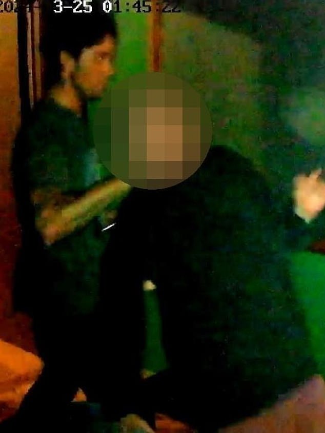 Pledger's motion-activated camera showed him pulling the woman's hair, throwing her to the ground and stomping on her head (pictured)