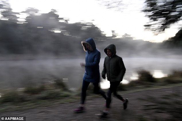 In the photo, two early morning walkers brave the cold weather at Birdsland Reserve in Belgrave South, east of Melbourne