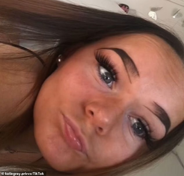 TikTok user Katie Gray showed that she used to line the top of her eyebrows with a pencil, but not color them all the way in - sending viewers into a vicious cycle