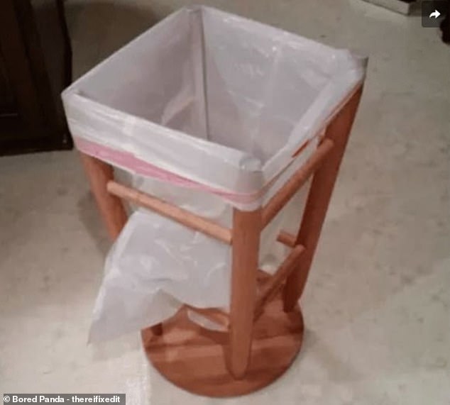 One person decided it was better not to waste money on a new trash can and instead decided to improvise with an upside-down stool