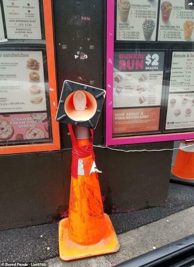 Even popular fast food chains have to improvise sometimes. This Dunkin' Donuts in the US added a baby monitor when their Drive Thru speakers weren't working