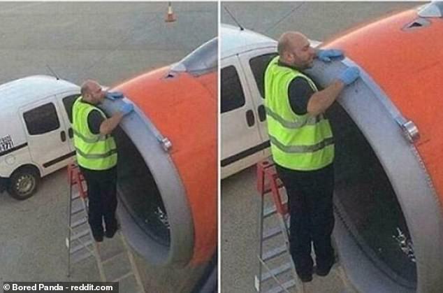 Not what you want to see! EasyJet passengers saw an engineer tape up their plane during a flight in the UK