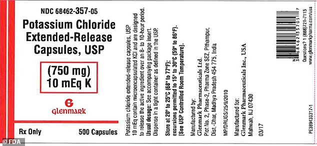 Pictured: The label on the bottle containing 500 capsules of the recalled blood pressure medication