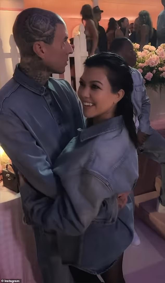 The two seemed inseparable, as both wore acid-washed denim jackets. Kourtney, 45, and Travis, 48, were joined by Kylie Jenner and Kim Kardashian, as well as Kris Jenner