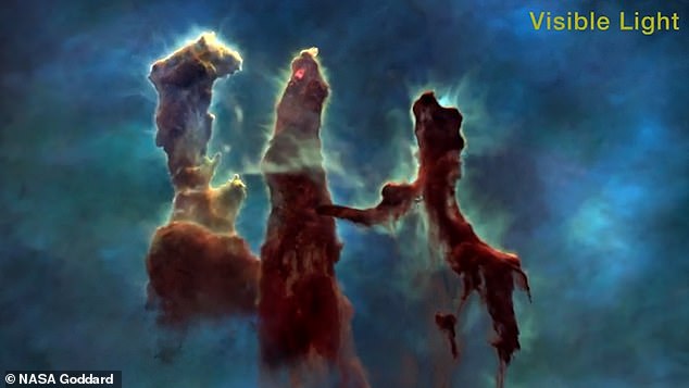 the visible light spectrum clearly shows the clouds of dust and cool molecular hydrogen that make up the Pillars of Creation