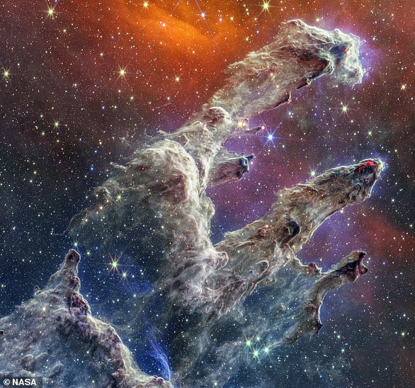 The Pillars of Creation resemble a ghostly hand and are part of the Eagle Nebula, located 6,500 light-years away from Earth.  They are known as a source of star formation.