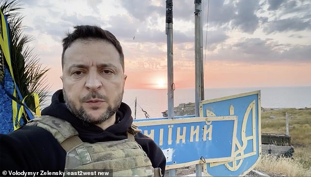 Ukrainian President Volodymyr Zelensky visits the island of Zmiiny (Snakes) to pay tribute to its defenders on the 500th day of Vladimir Putin's war against his country