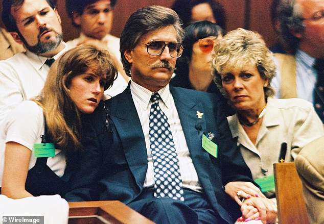 Fred Goldman (C), father of Ronald Goldman, his daughter Kim (L) and his wife Patty are pictured during the trial in 1994 - Fred said: I don't think they should take in anyone of that caliber - a wife beater, a murderer - I can't imagine why they would take in someone like him'