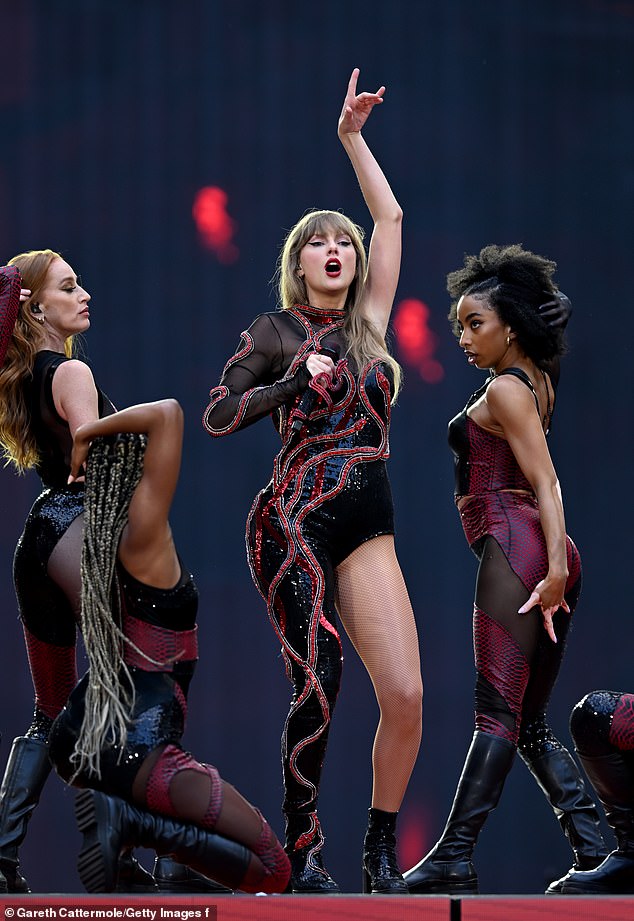 Taylor Swift pictured on stage at Wembley Stadium last month