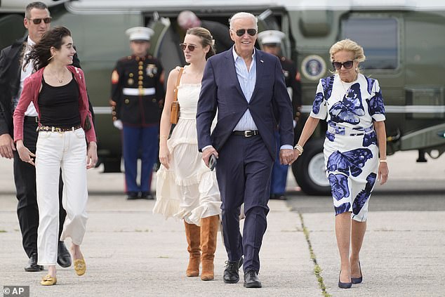 Joe and Jill brought their granddaughters Natalie and Finnegan Biden to attend a fundraiser in Hampton on Saturday, where the president used a teleprompter as he spoke to donors at the beach house of hedge fund manager Barry Rosenstein
