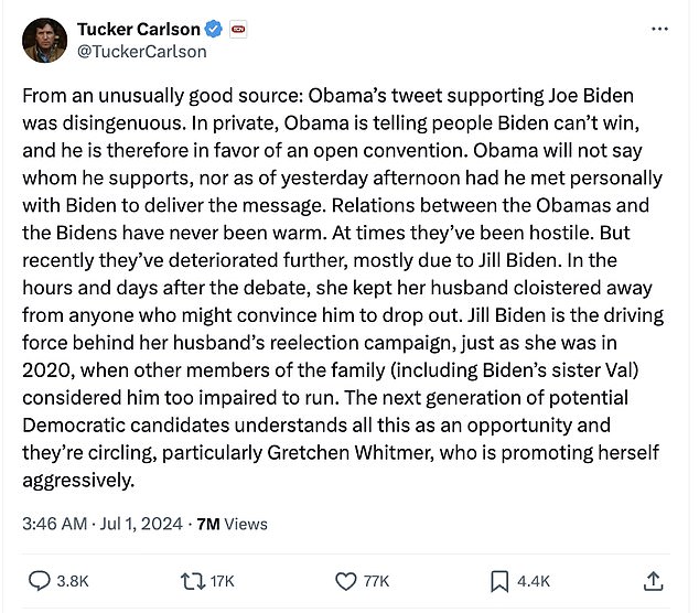 Carlson said that behind closed doors, “Obama is telling people that Biden can’t win, and that’s why he’s in favor of an open convention.” The former Fox News host also blamed first lady Jill Biden for keeping her husband away from people who would tell him to back off.