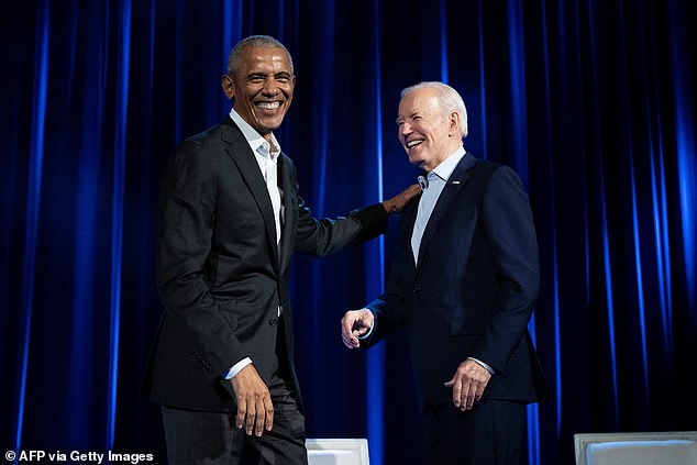President Barack Obama (left) smiles next to President Joe Biden (right) at their Radio City Music Hall fundraiser in late March. Tucker Carlson argues that Obama is not as pro-Joe as he seems