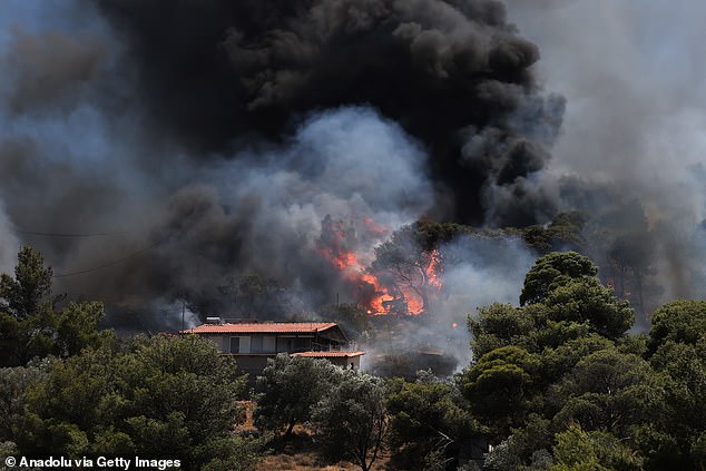 KERATEA -- Smoke rises from a house during a forest fire in the Keratea region near Athens