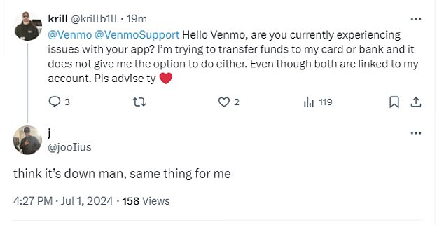 Venmo lets users send and receive money through the app, and it's considered one of the most popular of its kind. An outage means users can't make transactions