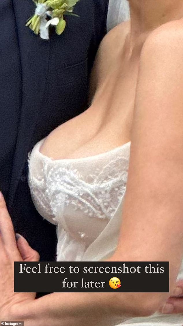 She shared a photo of herself and her husband Ian Hock, followed by a close-up of her cleavage, and wrote: 'And for anyone who is shocked by the fact that my boobs aren't... "put away"...feel free to take a screenshot of this later'