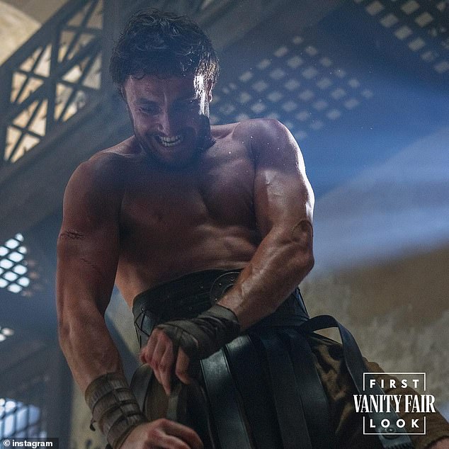 It comes after Paul showed off his muscles as he entered the Colosseum in the first official snaps from the highly anticipated Gladiator sequel