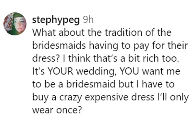 It seems like a lot of people agreed with Abbie in her comments, with one writing: 'Don't even get me started on an engagement party, and then I have to buy a gift for the event. What's the point of an engagement party?!?!'