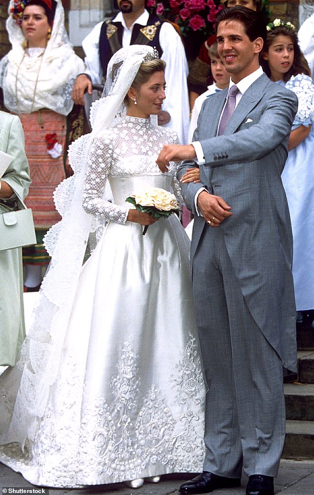 Marie Chantal Miller and Prince Pavlos on their wedding day at St Sophia's in London in 1995