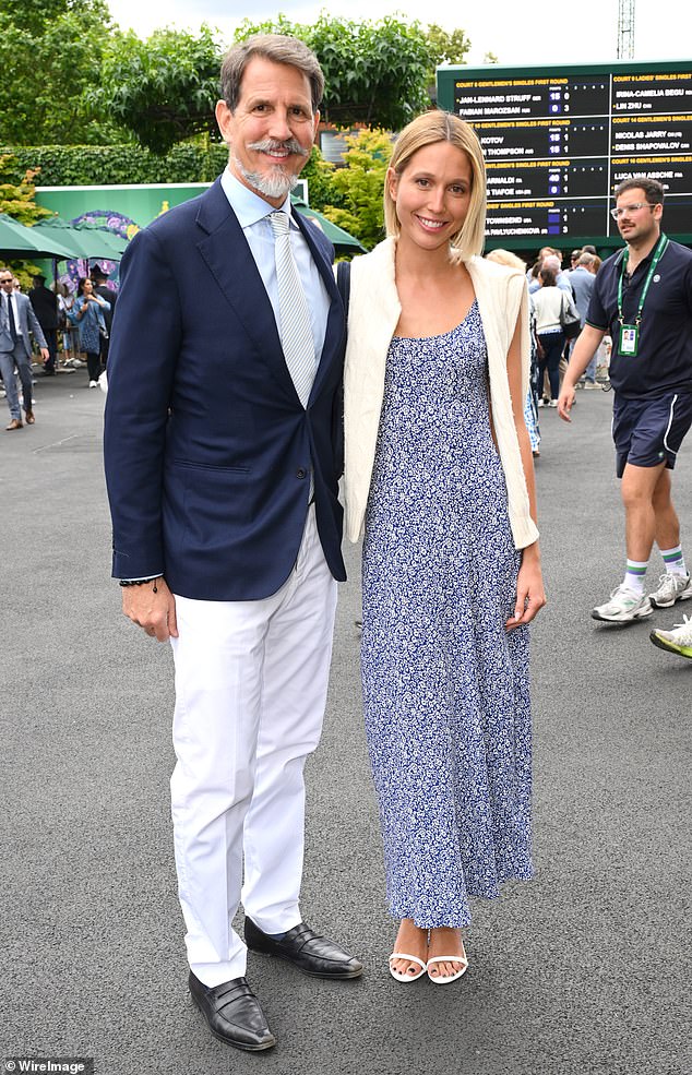 Pavlos, Crown Prince of Greece and Princess Maria-Olympia of Greece and Denmark attend the first day of the Wimbledon Tennis Championships