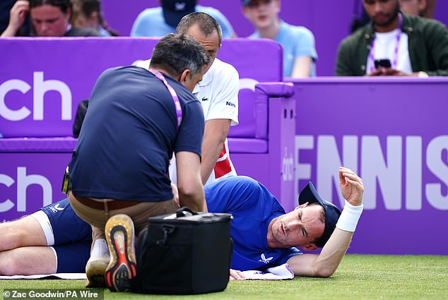 Murray underwent surgery to remove a cyst in his spine after retiring from Queen's (pictured on June 19), putting his participation in the men's singles event at Wimbledon in jeopardy