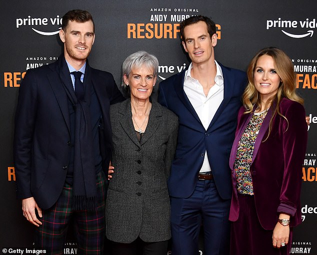 Andy Murray with his brother Jamie Murray (left), mother Judy Murray (center left) and wife Kim Sears (right) at the "Andy Murray: Resurfacing" world premiere in London in 2019