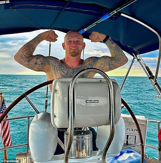 Barlow sits behind the wheel of his brand new $80,000 boat. Little did he know that it would sink within a few weeks