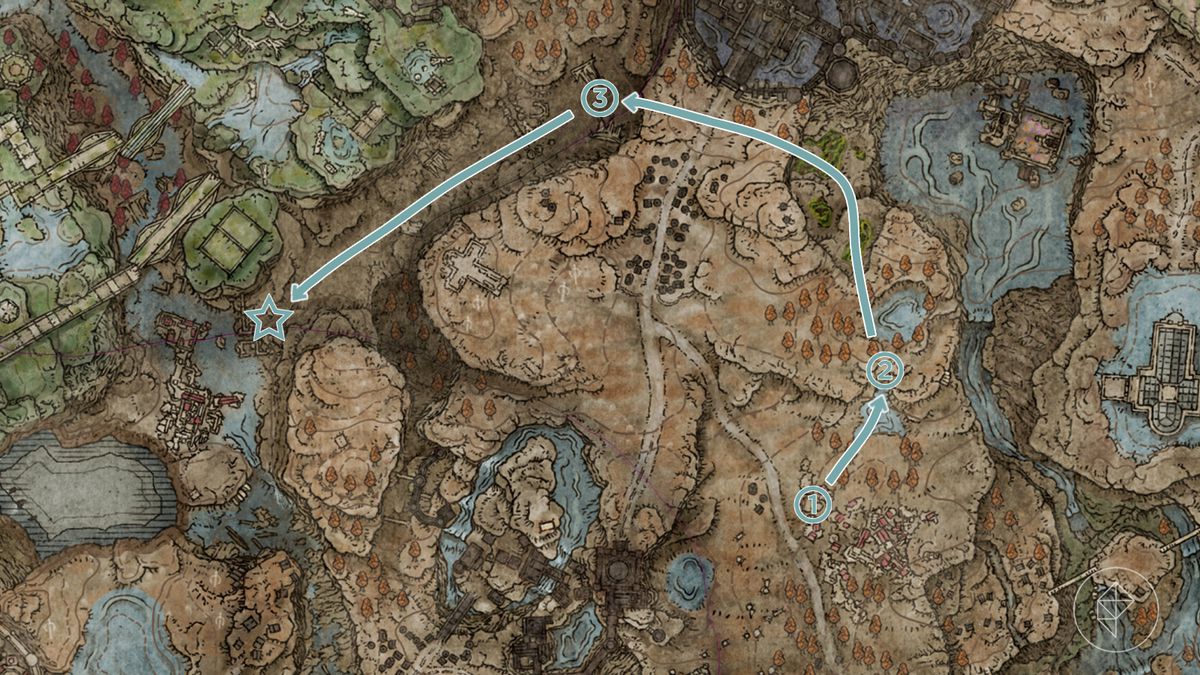 A map showing the route to the Rauh Ruins, a map fragment in the Elden Ring DLC ​​​​Shadow of the Erdtree.