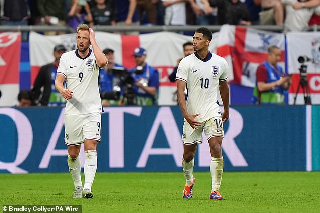 The gesture was made as Bellingham (right) celebrated his stunning goal against Slovakia