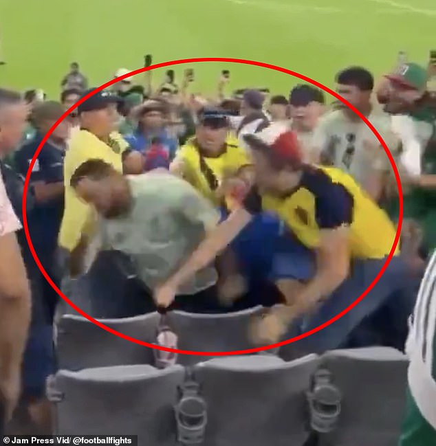 The Ecuadorian supporter in yellow responded by punching the Mexican fan in the face
