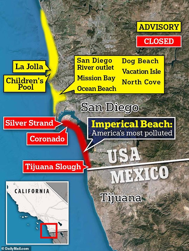 A map showing the 56-mile stretch of beautiful Southern California coastline that has been polluted